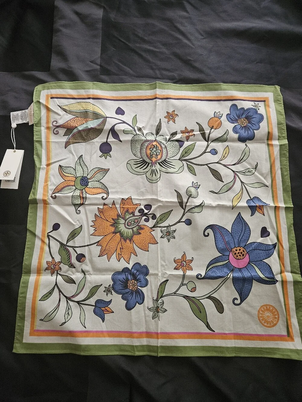 Tory Burch Floral Cotton Scarf in Green, Blue & Orange